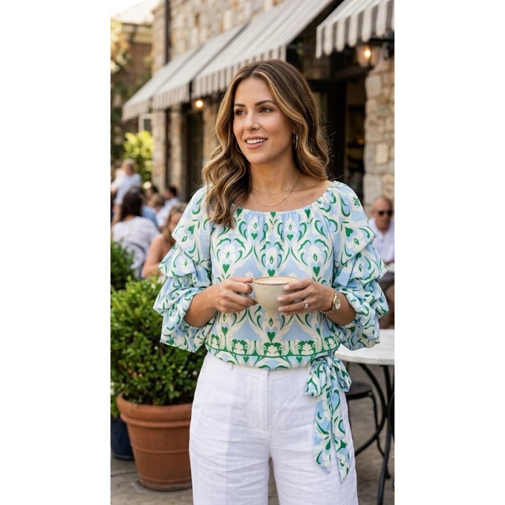 Printed Tie-Waist Blouse in Green and Blue